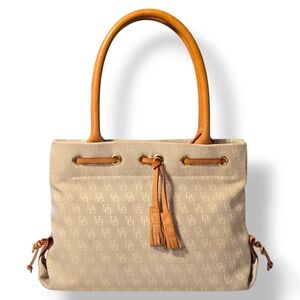 Dooney and Bourke Vintage Y2K Beige Canvas Leather Signature Tassel Tote Handbag